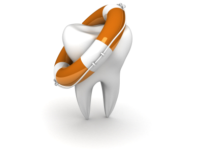 An illustration of a tooth surrounded by an orange life preserver, representing dental care and protection